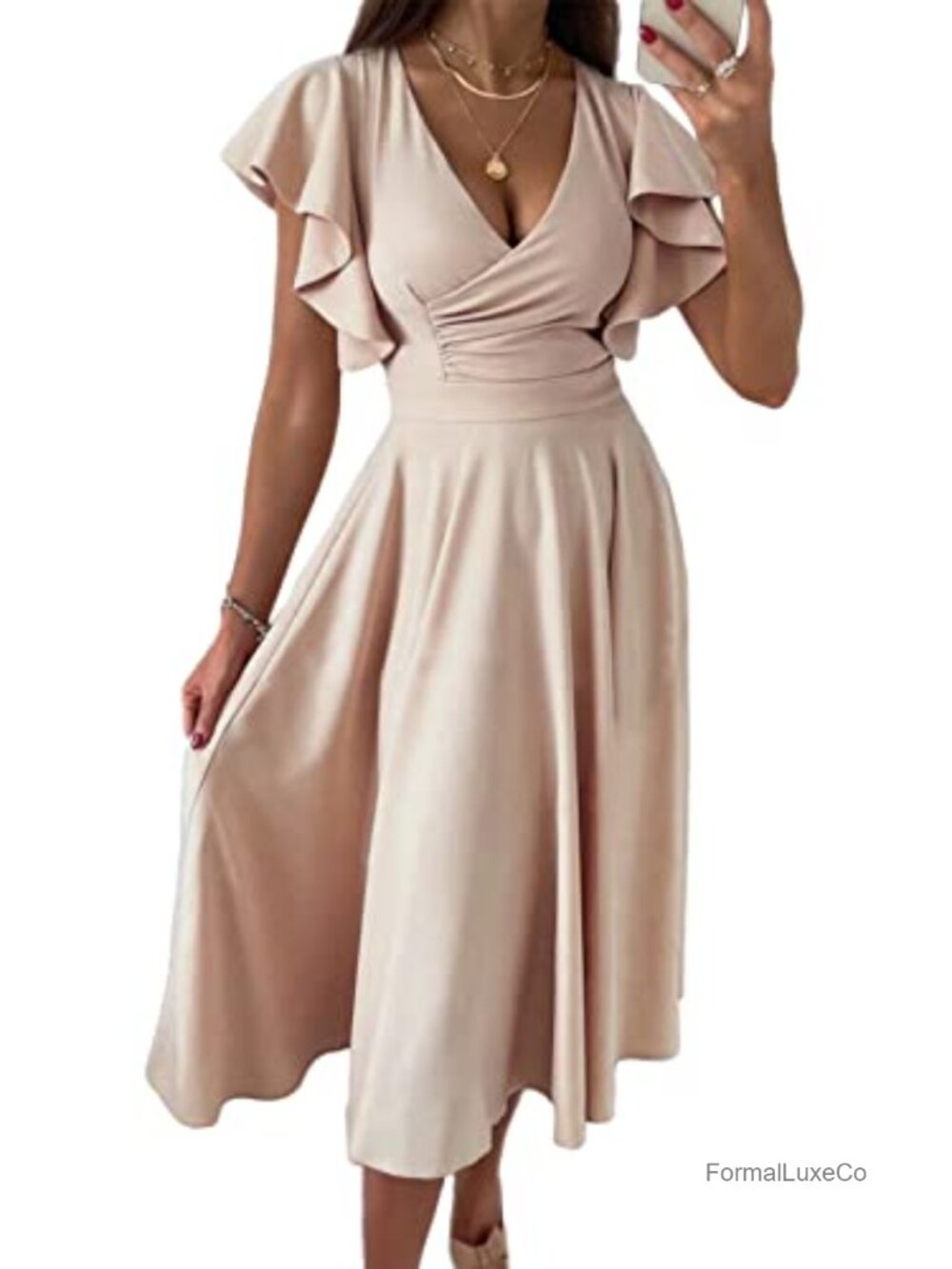 Womens V Neck Midi Skater Dress Short Sleeve A-Line Party Wedding Guest
